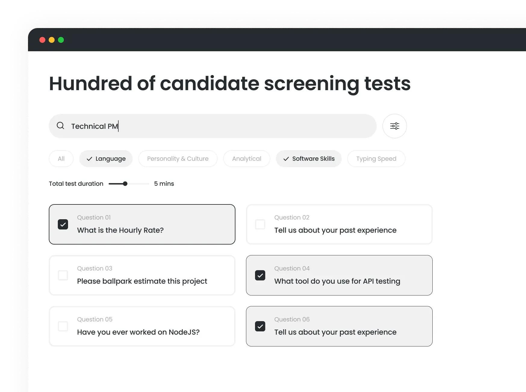 Hundreds of candidate assessment tests library interface
